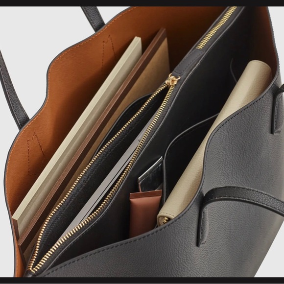 Quince Italian Leather Triple Compartment Shopper Tote Bag Black Work Laptop - Picture 13 of 14